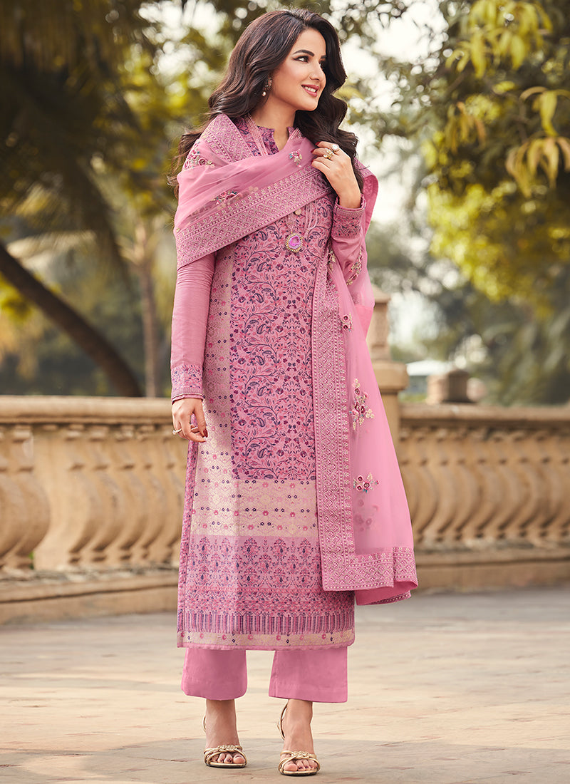 Buy Pakistani Salwar Suit Pink Golden Embroidery Pakistani Pant Style Suit At Hatkay 9452