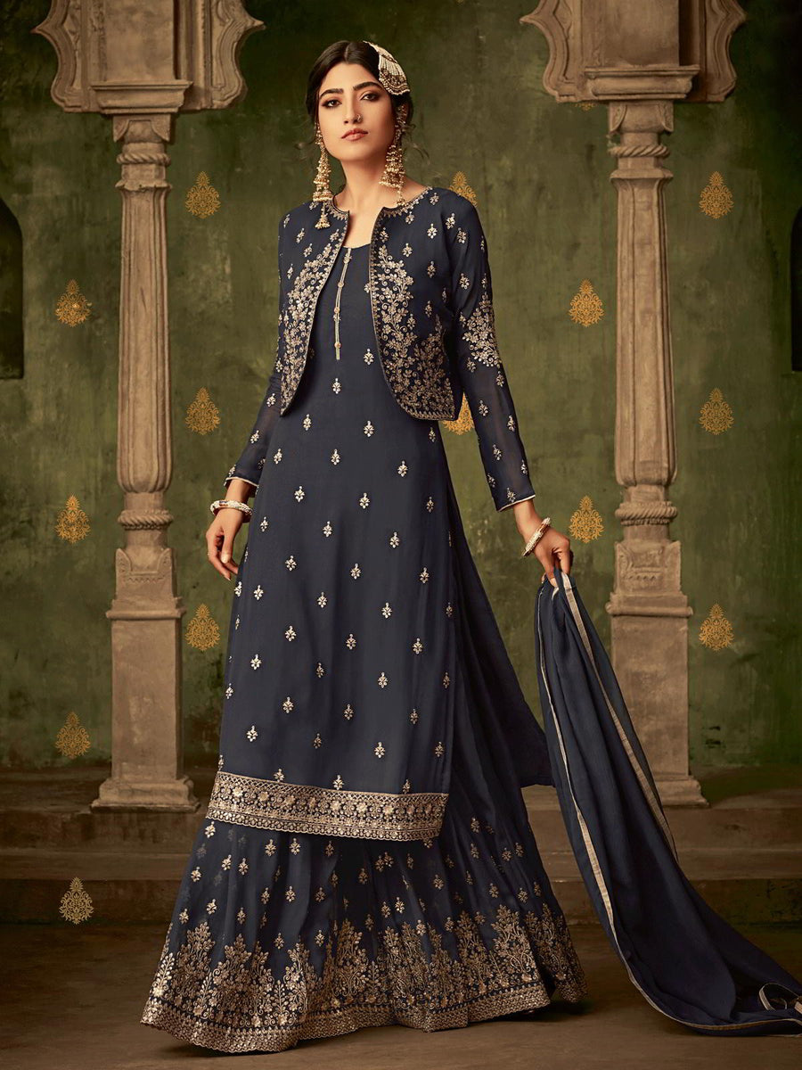 Deep Grey Golden Embroidered Koti Style Georgette Gharara Suit