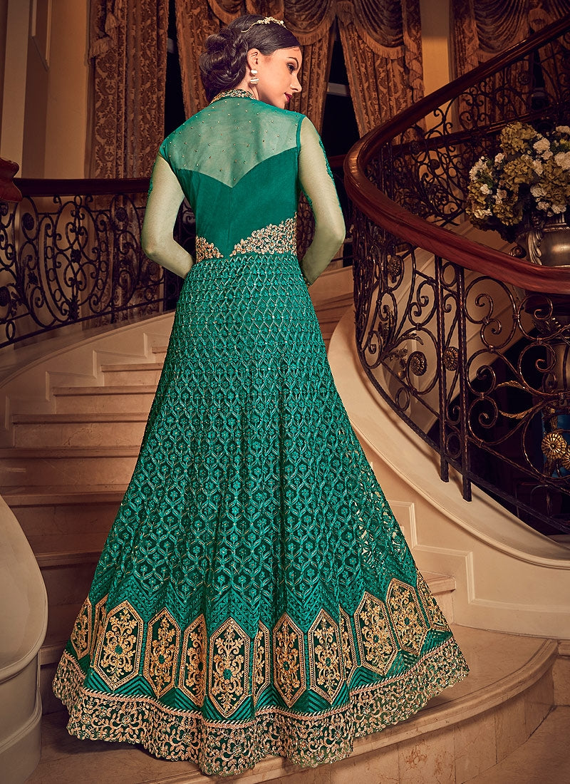 Green All Slit Style Embroidered Lehengapant Suit Hatkay 2657