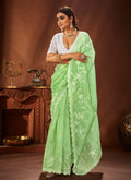 Green Sequence Embroidery Traditional Organza Silk Saree