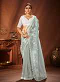 Grey Sequence Embroidery Traditional Organza Silk Saree