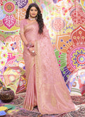 Pink Mirror And Stone Work Embroidery Brocade Satin Silk Saree