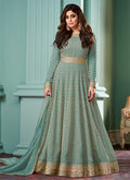 Teal Blue Embroidered Anarkali Dress For Wedding