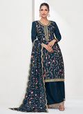 Dark Blue Floral Embroidery Festival Palazzo Suit