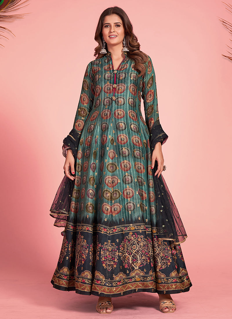 Green Black Multicoloured Silk Jacquard Anarkali Gown