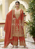 Orange Golden Embroidered Pakistani Palazzo Style Suit