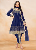 Blue Golden Embroidered Anarkali And Dhoti Style Pant Suit