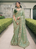 Sage Green Multi Embroidery Tissue Silk Saree