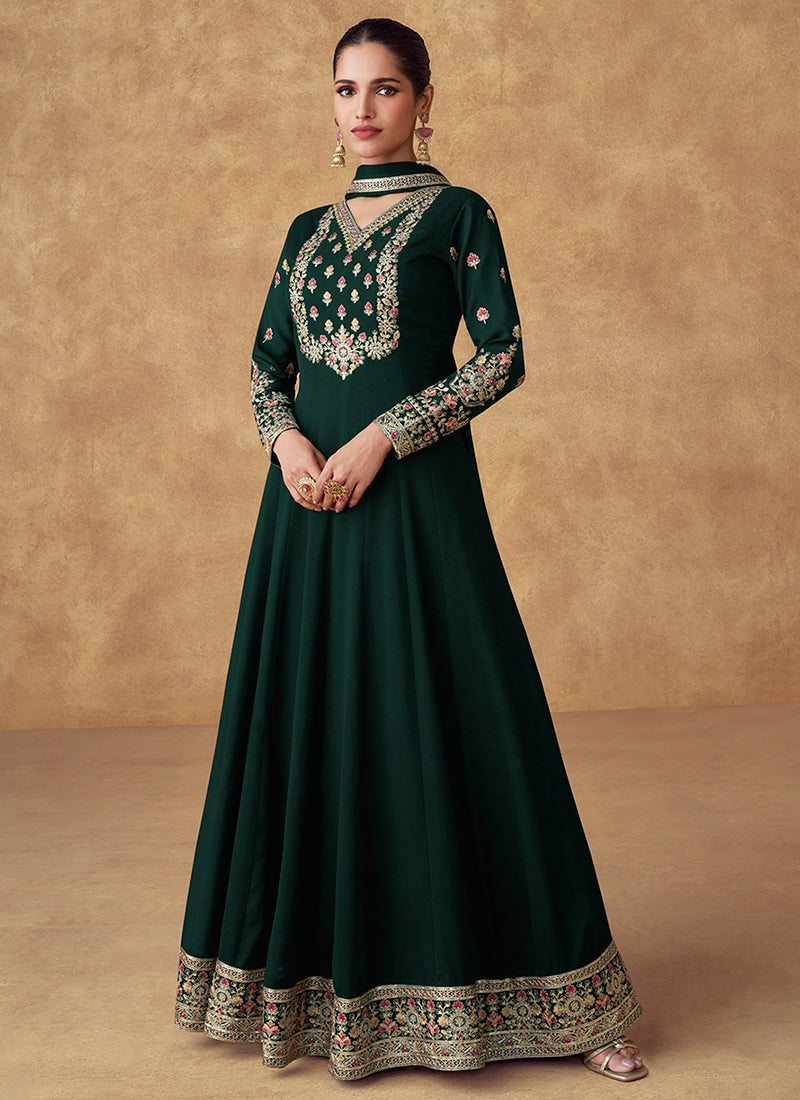 Bottle Green Multi Embroidery Designer Anarkali Suit