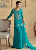 Teal Blue Reshamkari Embroidery Gharara Style Suit