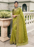 Lime Green Multi Embroidery Tissue Silk Saree