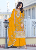 Yellow Multi Thread Embroidery Palazzo Style Suit