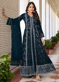 Dark Blue Sequence Embroidery Slit Style Anarkali Pant Suit