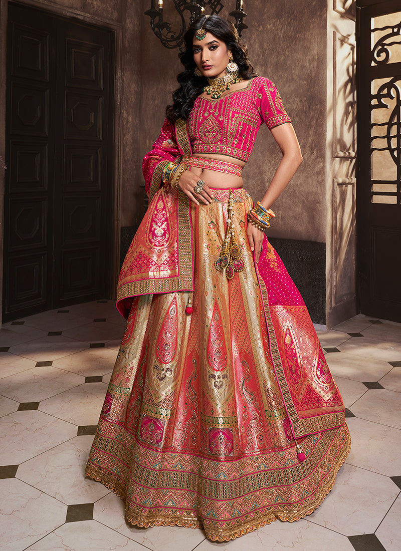 Pink Golden Traditional Embroidered Bridal Lehenga Choli