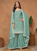 Teal Blue Embroidery Festive Palazzo Suit