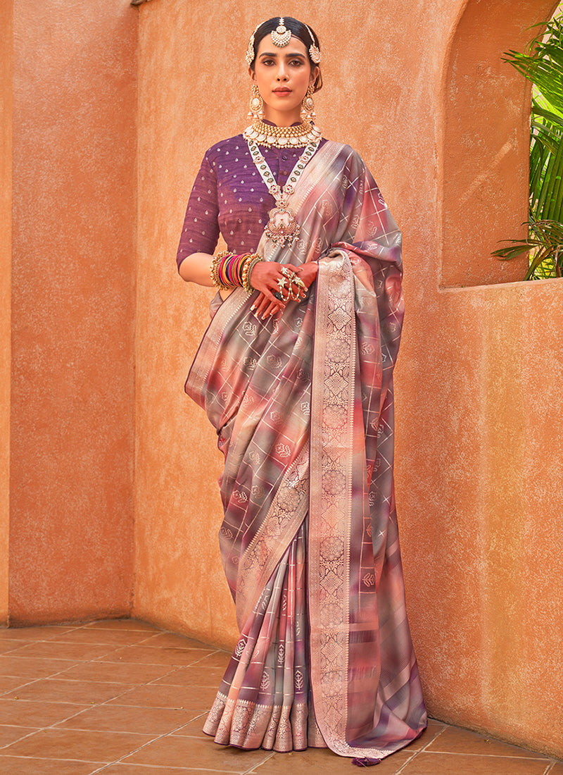 Deep Purple Multicoloured Brocade Weaved Handloom Silk Saree