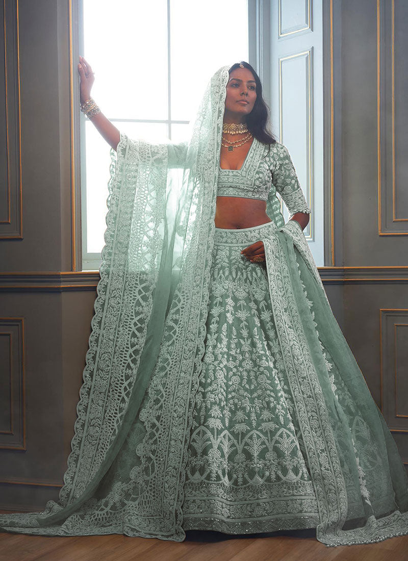 Mint Green Cording Embroidery Wedding Lehenga Choli And Dupatta