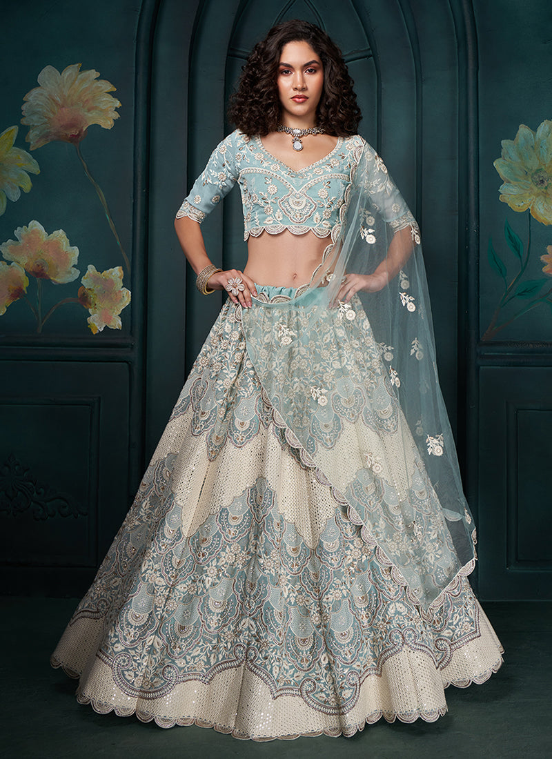 Blue And Ivory Lucknowi Embroidery Festive Lehenga Choli