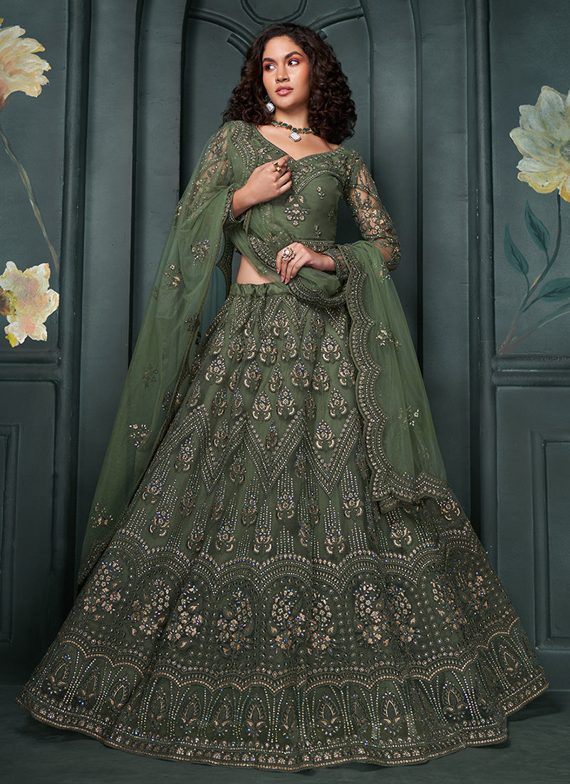 Dark Green Embroidered Lehenga Choli