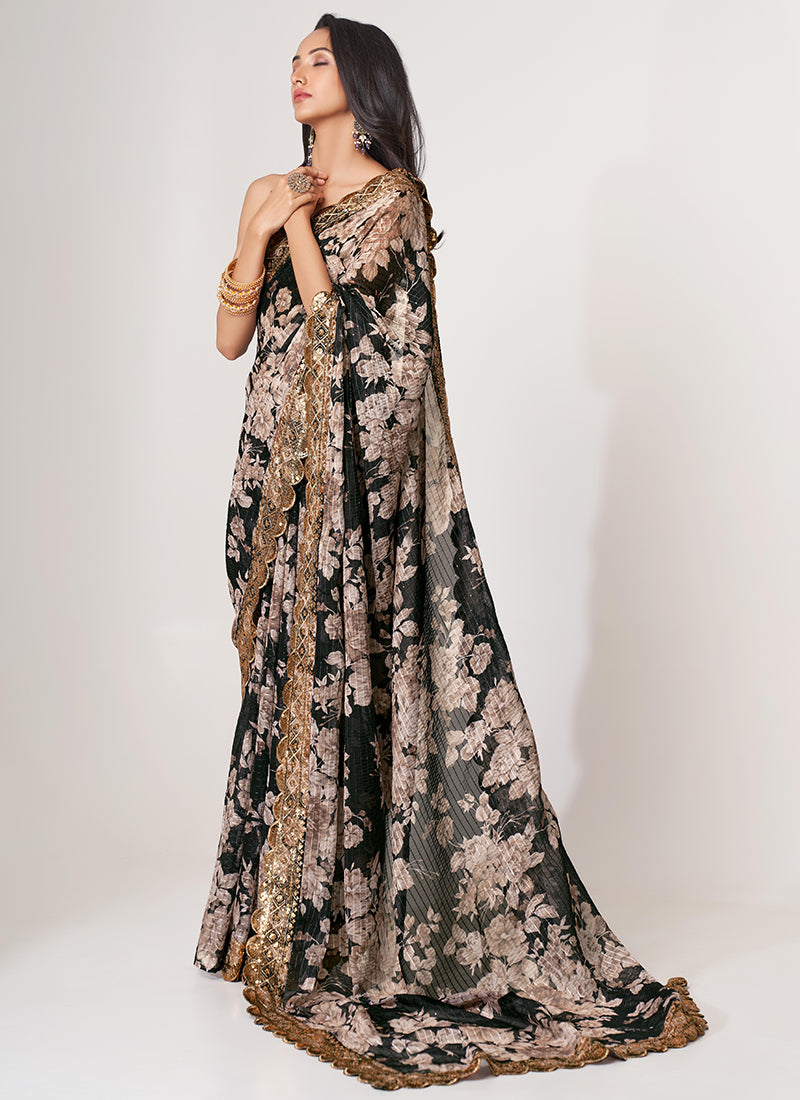 Black Floral Print And Sequence Embroidery Organza Saree