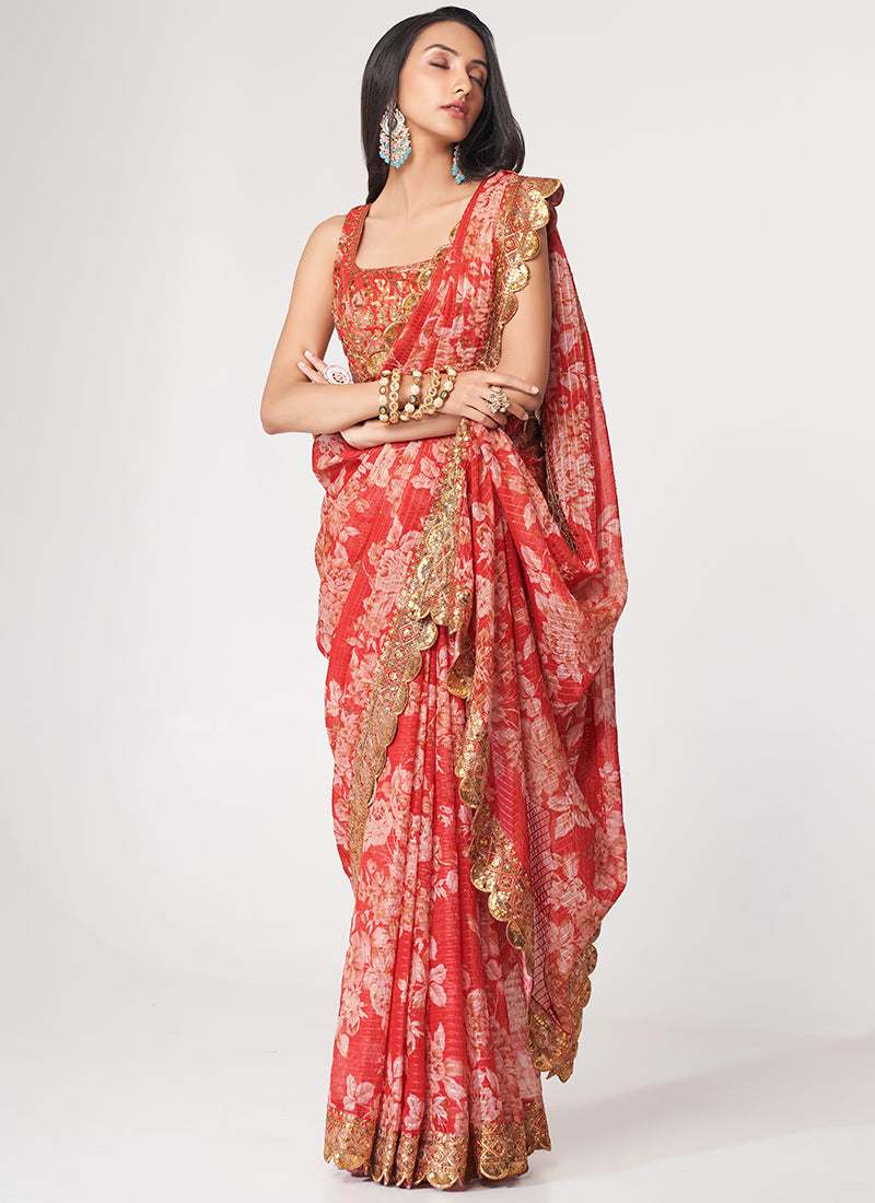 Red Floral Print And Sequence Embroidery Organza Saree