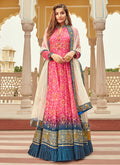 Pink Multicoloured Ikat Prints And Embroidered Silk Anarkali Gown