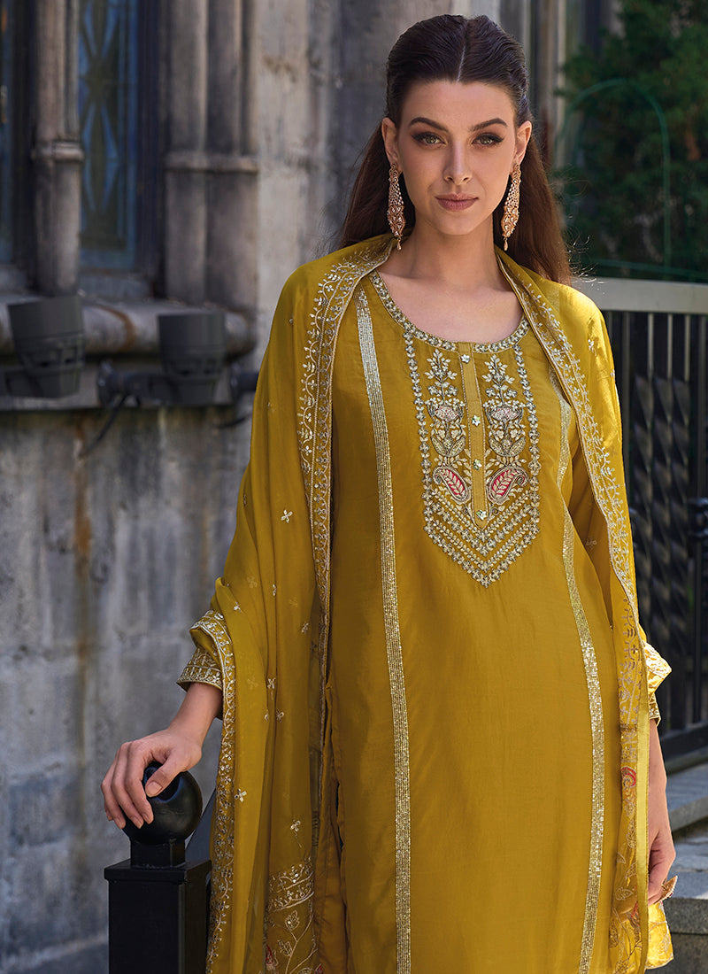 Buy Salwar Kameez - Yellow Multi Embroidered Pakistani Pant Style Suit ...