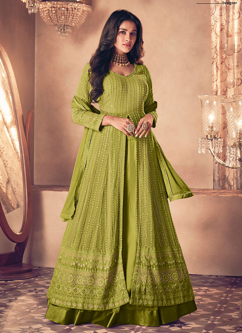 Green Traditional Sequence Embroidered Wedding Anarkali Lehenga