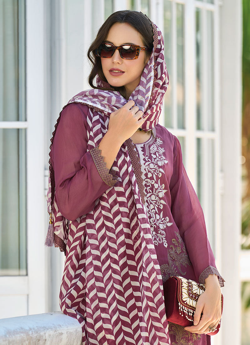 Mauve Purple Thread Embroidery Pakistani Suit