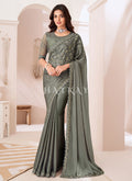 Olive Green Sequence Embroidery Wedding Saree