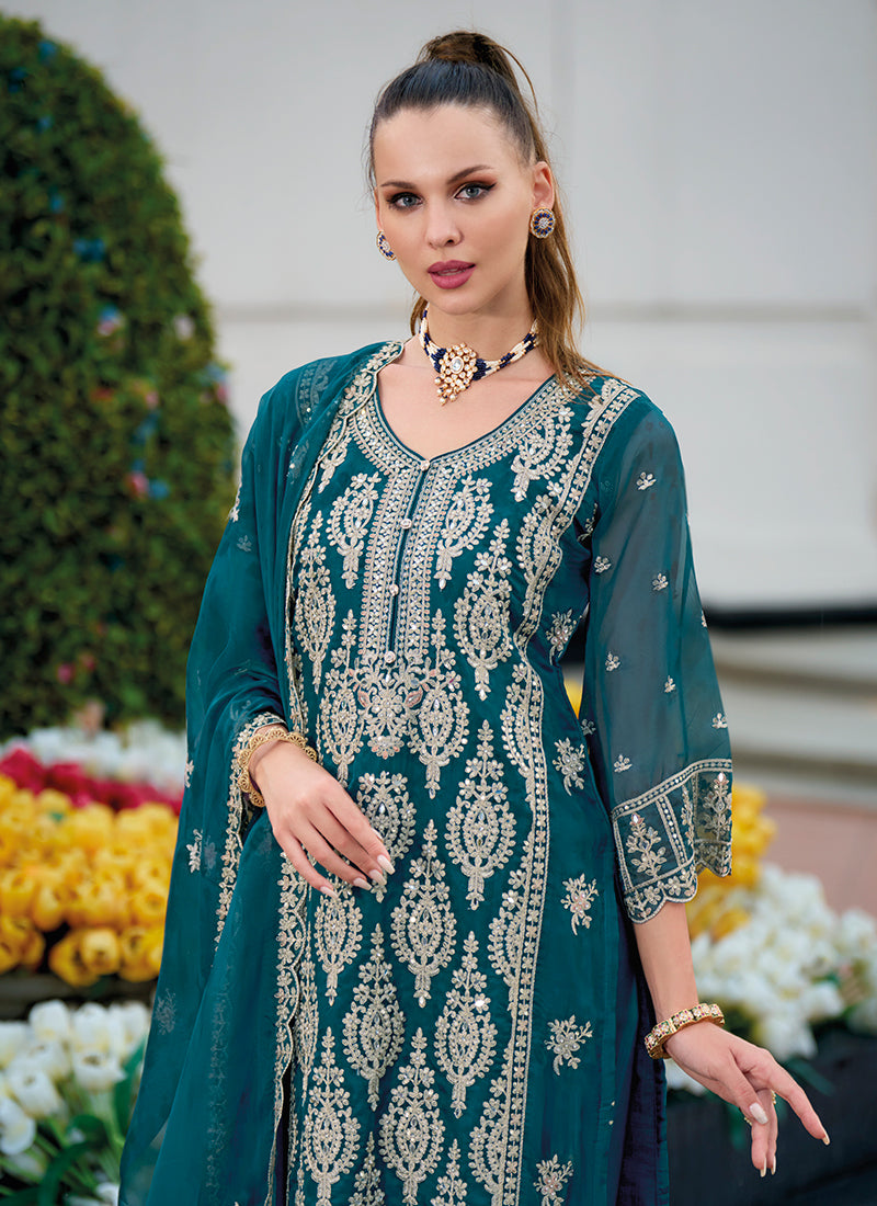 Turquoise Traditional Embroidery Pakistani Pant Suit