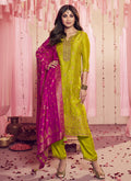 Neon Green And Pink Multi Embroidery Pant Style Suit