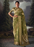 Green Golden Crystal Stone Embellished Brocade Silk Saree