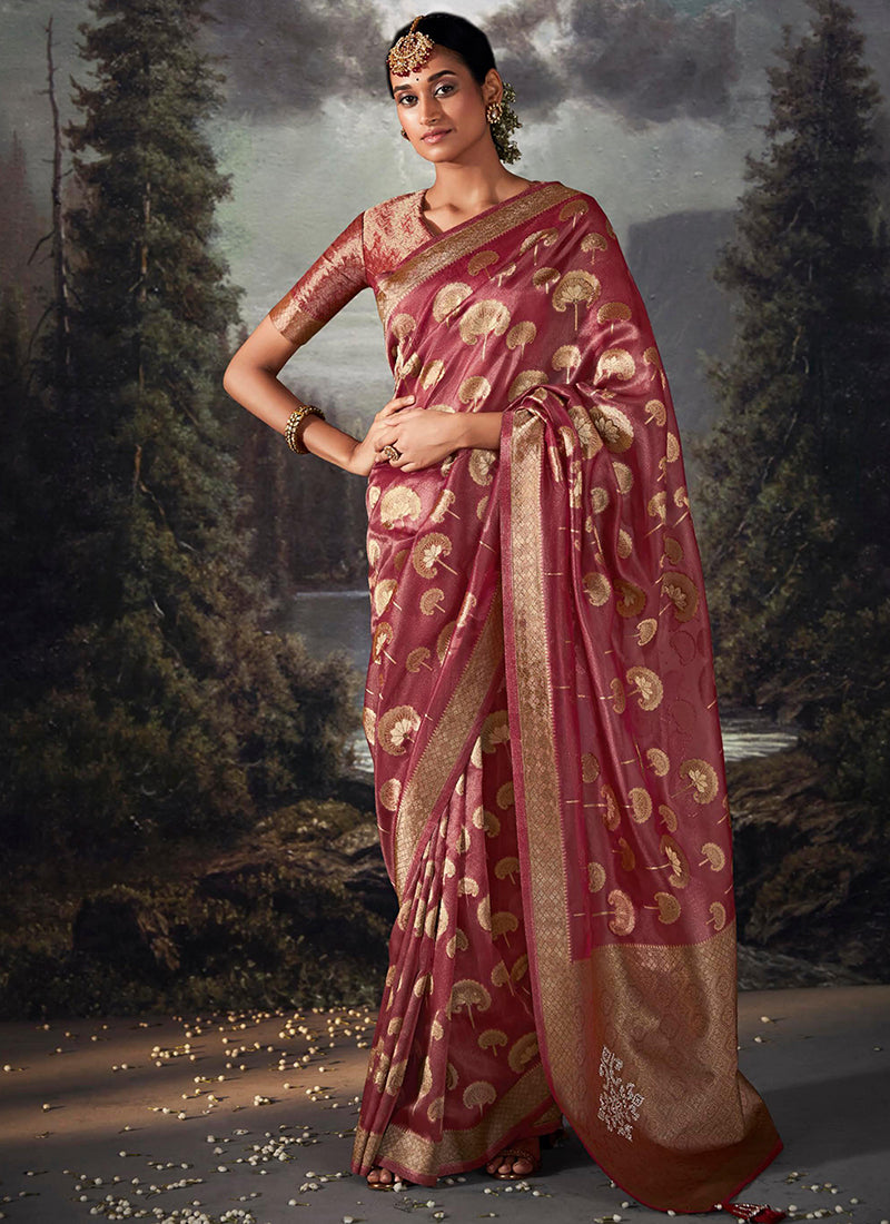 Rani Pink Crystal Stone Embellished Brocade Silk Saree