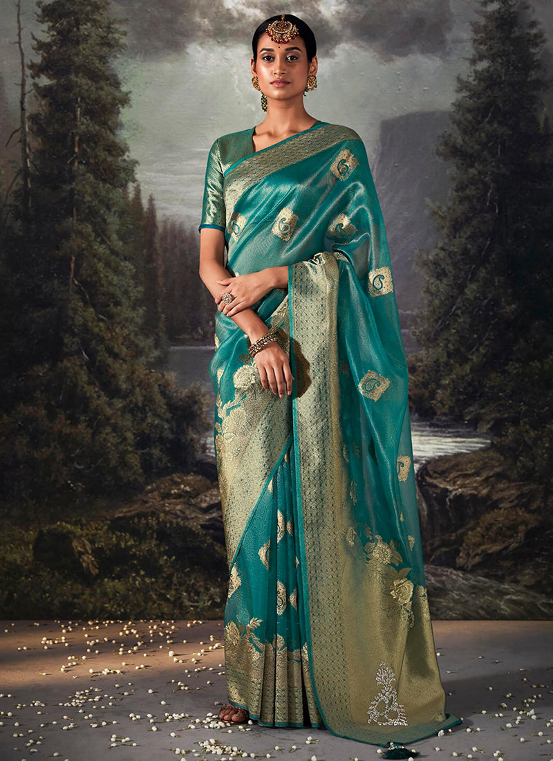 Blue Golden Crystal Stone Embellished Brocade Silk Saree