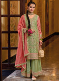 Green And Pink Multi Embroidery Traditional Palazzo Suit