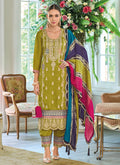 Lime Green Multicolored Traditional Embroidery Pant Style Suit