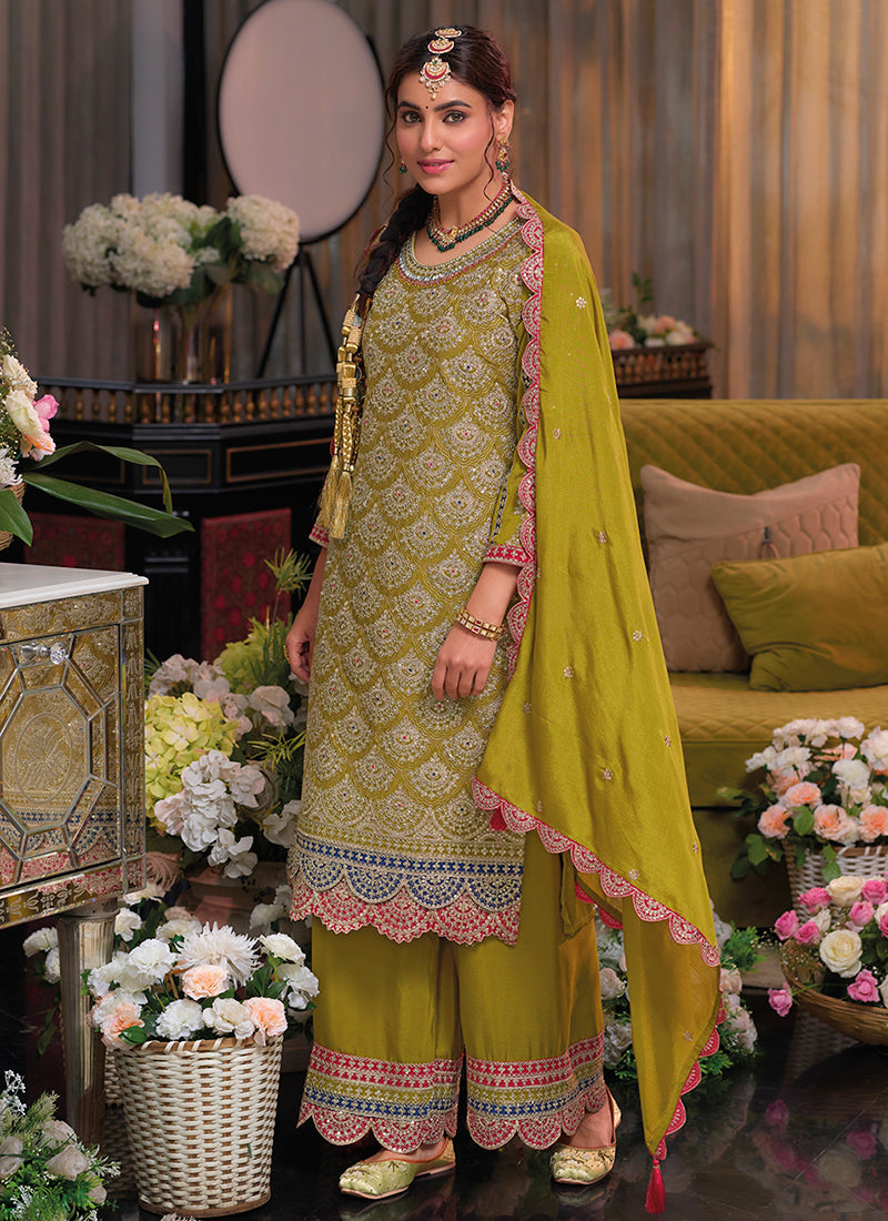 Lime Green Multi Traditional Embroidery Palazzo Suit