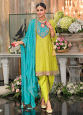 Yellow Teal Multi Embroidered Designer Dhoti Style Suit