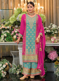 Blue And Rani Pink Multi Embroidery Palazzo Style Suit