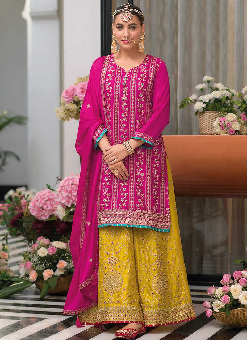 Pink And Yellow Embroidery Festive Palazzo Suit