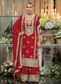 Bridal Red Traditional Embroidery Chinnon Palazzo Suit