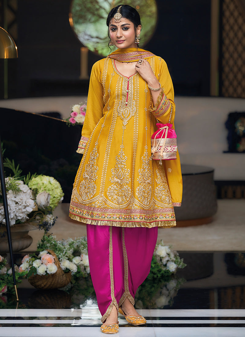 Yellow Multi Embroidered Designer Dhoti Style Suit