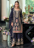 Dark Blue Embroidered Festive Gharara Suit