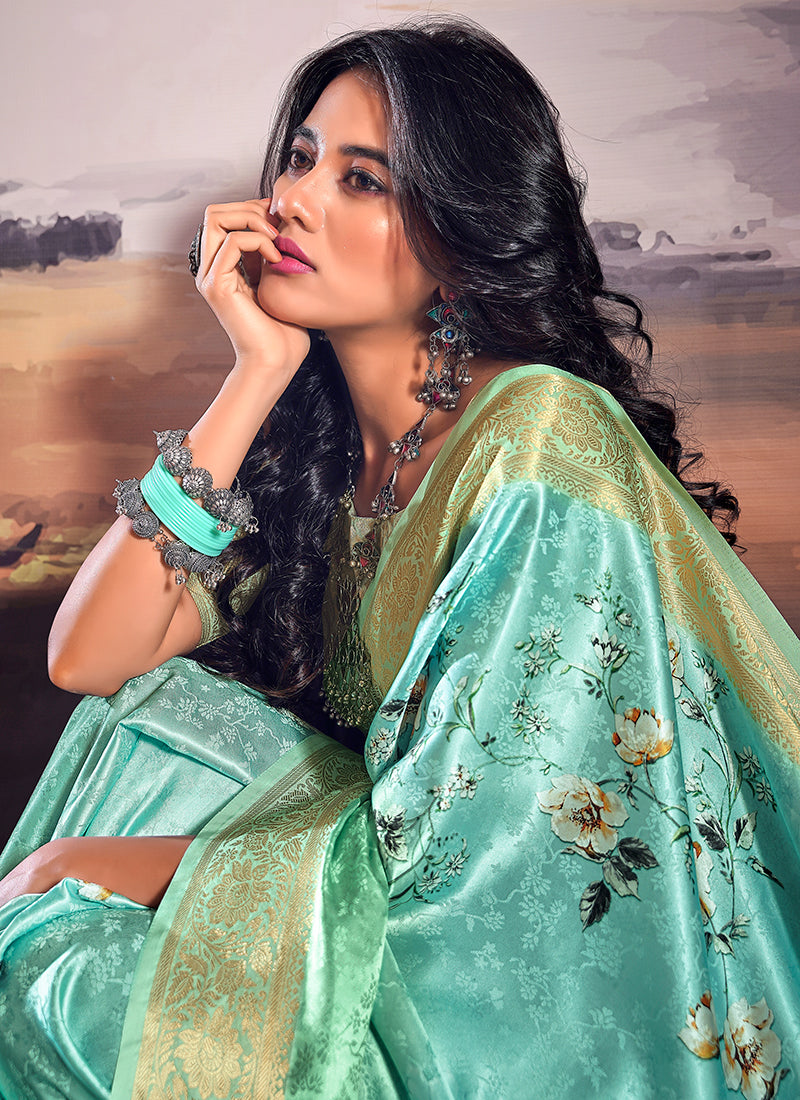 Sea green satin silk saree with blouse 21810