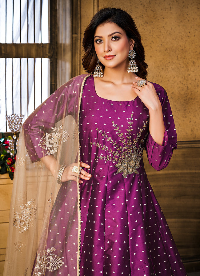 Purple And Mauve Embroidered Anarkali Suit | Silk anarkali suits, Anarkali  dress, Party wear dresses
