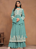 Blue White Embroidery Pleated Kurti Palazzo Suit