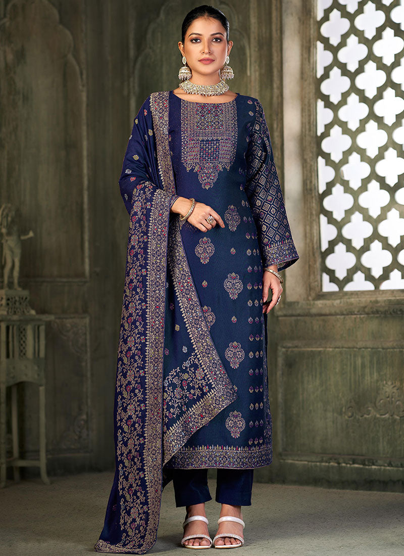 Blue Multi Embroidery Pashmina Salwar Kameez Suit