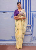 Yellow And Purple Schiffli Embroidery Floral Silk Saree