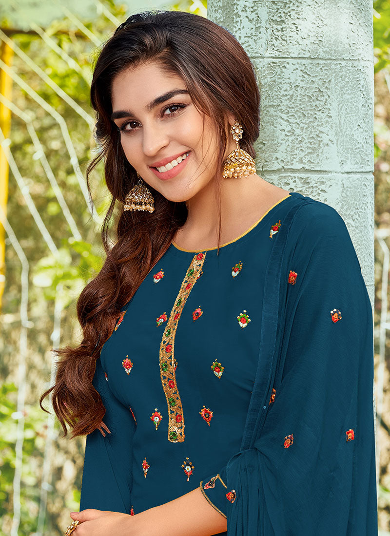 Turquoise Sequence Embroidered Patiala Suit